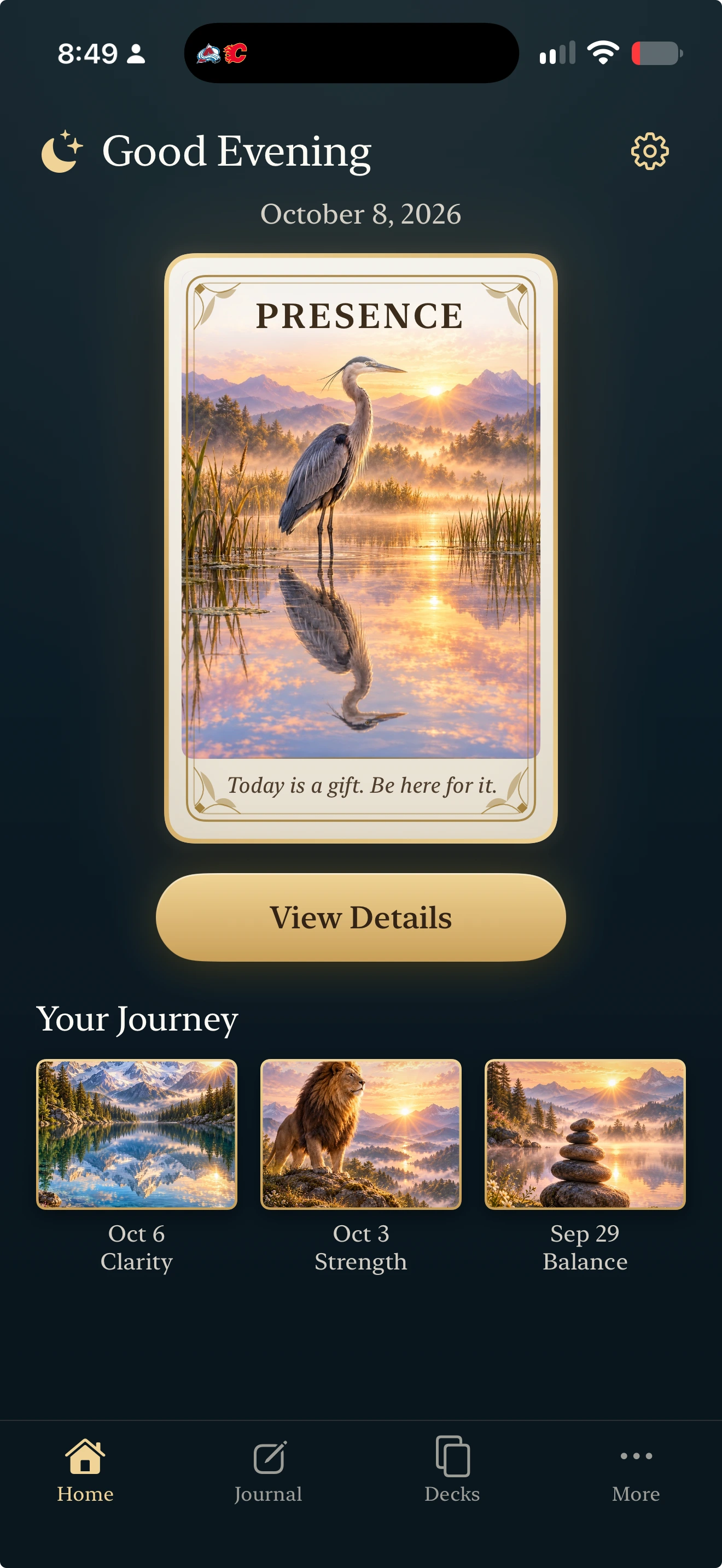 Daily Oracle home screen showing the Presence heron card, View Details, Your Journey and journal navigation.