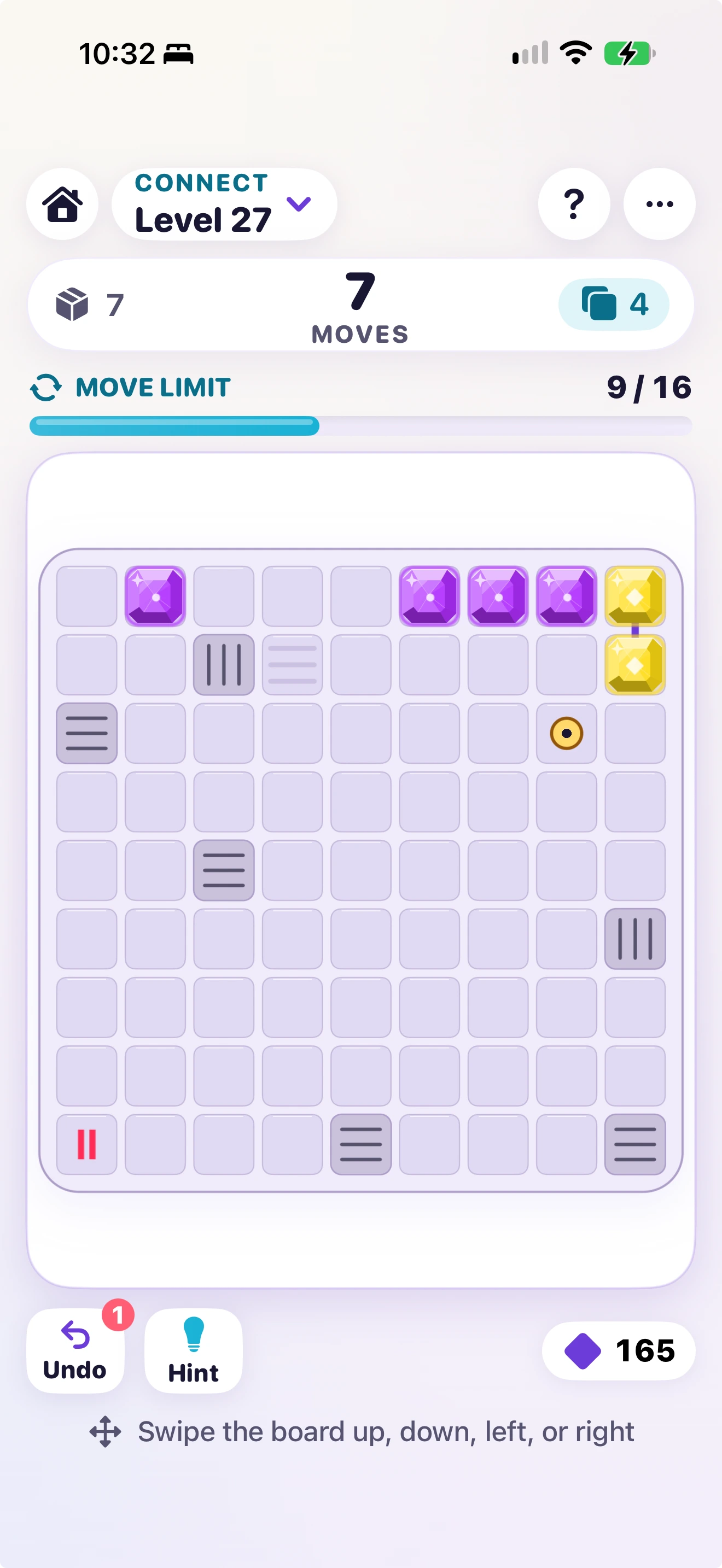 Actual Prism Lines Connect level 27 screen showing colored gems, obstacles, move limit, undo and hint controls.